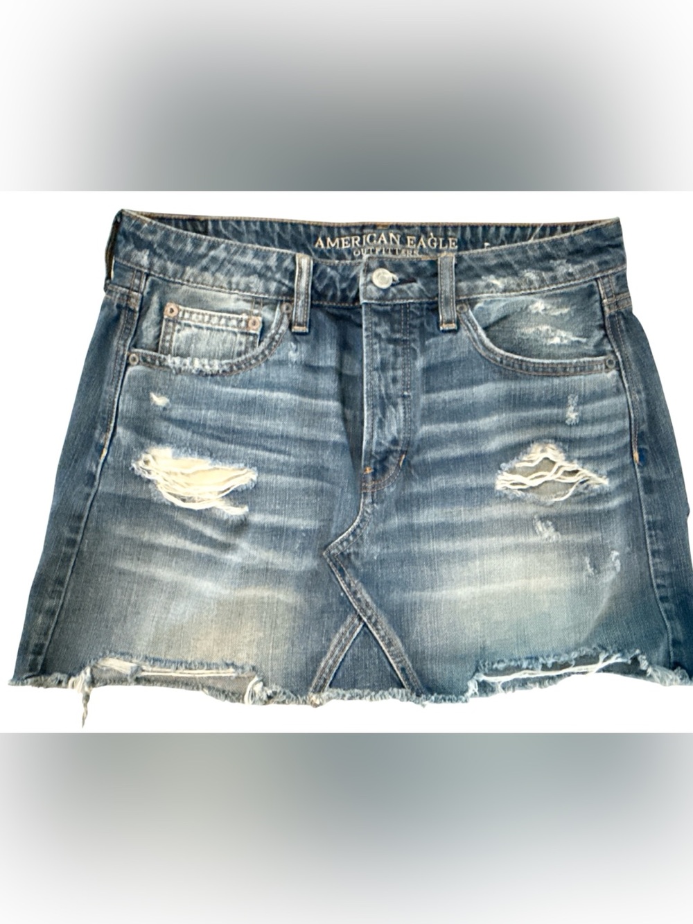 American Eagle Distressed Denim Mini Skirt | Size 8 | Frayed Hem